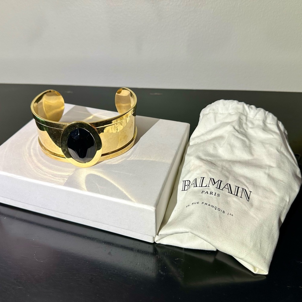 Balmain Womens Gold Choker with Onyx Stone Open Cuff Bangle Bracelet OS